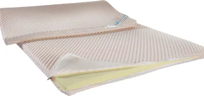 A mattress topper is shown on a white background. One topper is stacked on top of another, with the top one slightly angled.