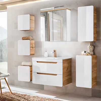 Produktbild von Badmöbelset mit 81 cm Waschtisch & LED-Spiegelschrank LUTON-56 in Hochglanz weiß mit Wotan Eiche Nb., B/H/T ca. 180/200/46 cm
