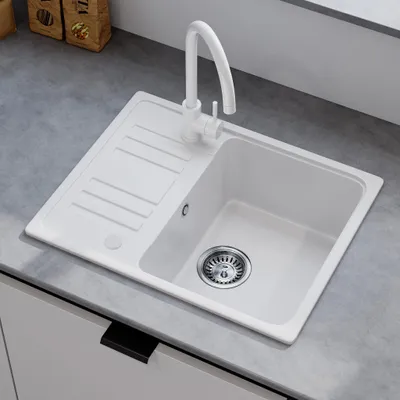Produktbild von HOROW Granit Küche Spüle Weiß - 1 Becken Einbauspüle mit Reversible Installation, Spülbecken mit Siphon Ab- und Überlaufgarnitu 57 x 45 cm