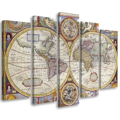 Produktbild von 5-teiliges leinwandbild weltkarte vintage 100x70 cm Feeby grau wandbild bereit zum aufhängen