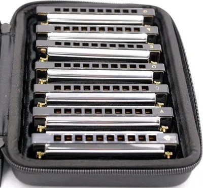 Produktbild von 7 Mundharmonikas in Koffer, Dur/Molll Blues Harps C-D-E-F-G-A-Bb