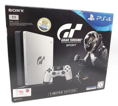 The image shows the packaging of a Sony PlayStation 4 console with Gran Turismo Sport branding.