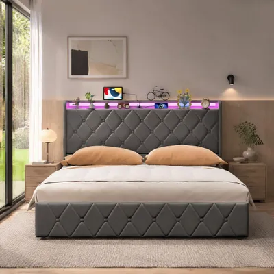 Produktbild von INONEFT Polsterbett 160x200 cm mit Bettkasten, Jugendbett mit LED und Steckdosen, Doppelbett mit Lattenrost und Stauraum Kopfteil, Samt, Dunkelgrau