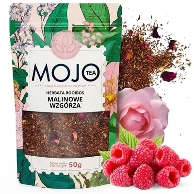 Produktbild von Mojo Tea Rooibos Tee Himbeerhügel 50g – Loser aromatisierter Rotbuschtee mit Himbeeren – Koffeinfrei, fruchtig & mild