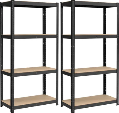 Two identical black metal shelving units with tan shelves.