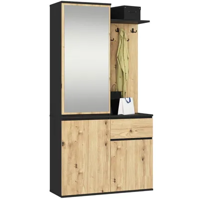 Produktbild von Garderobe – Flurgarderobe – Garderobenschränke – ENTRO – Schwarz / Artisan Eiche – 95 cm – Garderobenschrank mit Spiegel, 3 Türen und Schublade