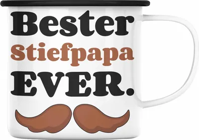 Produktbild von Trendation - Bester Stiefpapa Ever Geschenk Emaille Tasse Stiefvater mit Spruch Vatertag Geburtstag Vatertagsgeschenk (Schwarz)