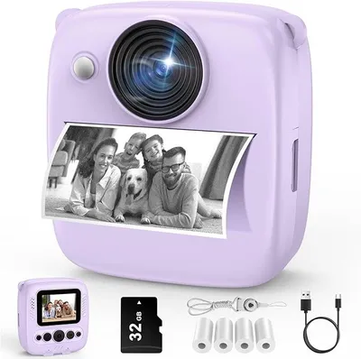 Produktbild von Kamera Sofortbildkamera, 1080P Sofortdruck Kinderkamera mit 4 Bände Druckpapier & 32GB TF Karte, 48MP Sofortbildkamera, Lila
