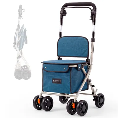 Productafbeelding van Rollator met grote opbergtas en zitplaats. Mobiclinic boodschappenwagen met zitplaats. Boodschappenwagen met mand van 21 liter. Opvouwbare Coliseo boodschappenwagen, 4 wielen, stalen frame