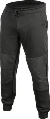 A pair of black jogging pants shown from the front.