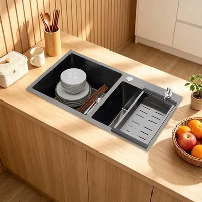 Productafbeelding van Dubbele Spoelbak Van RVS - 78x43x22 cm - Inclusief Groentebak - Keuken En Badkamer Wastafel