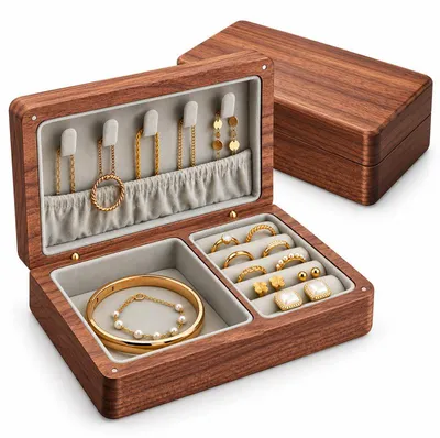 Produktbild von Schmuckkästchen aus Holz, Vintage Schmuckbox aus Walnussholz mit 6 Fächern, Schmuck Organizer mit Samtfutter, kleine Reise Schmuckaufbewahrung