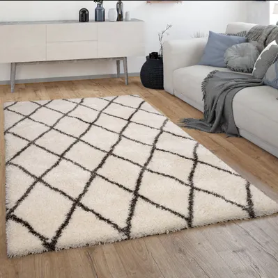 Produktbild von Hochflor Teppich Wohnzimmer Shaggy Langflor Skandinavisches Rauten Muster Modern Grösse 80x150 cm