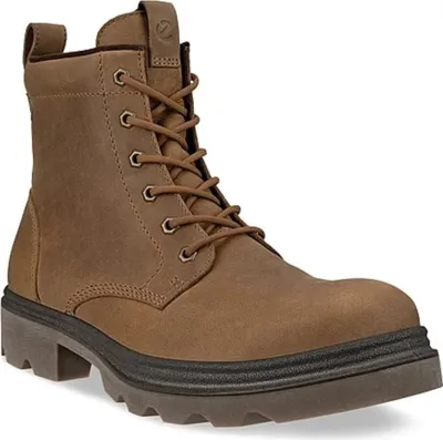 A single brown boot is shown against a white background.