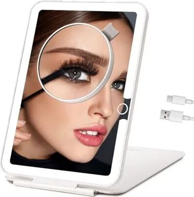 Produktbild von Wiederaufladbare Reise -Make -up -Spiegel leichter, tragbares beleuchtetes kosmetisches 10 -facher Vergrößerung, 70 LEDs 3 Farben, faltbare kompakte T