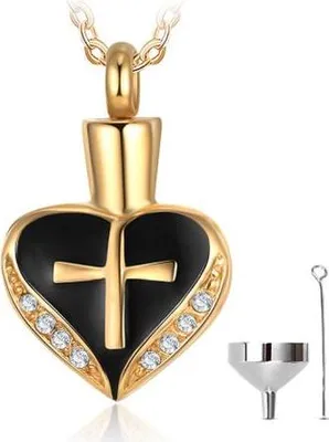 Immagine prodotto di Portacenere con catenella per ceneri, capelli o profumo - gioiello commemorativo in oro con design a cuore, incluso dispositivo per il riempimento delle ceneri e sacchetto di conservazione