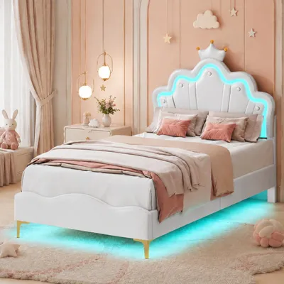 Zdjęcie produktu dla Łóżko tapicerowane INONEFT, rozmiar 90x200 cm, łóżko dla dziewczynki w stylu księżniczki z podświetleniem LED, regulowane zagłówki w kształcie koron, łóżko jednoosobowe z listewkowym materacem, obicie z pianki PU, kolor biały, productTiles.product.images.aiGenerated