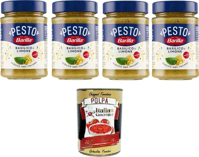 Produktbild von Barilla Pesto Basilico e Limone Condimento e Sugo per Pasta Basilikum-Zitronen-Pesto-Gewürz und Pastasauce 4x190gr + Italian Gourmet polpa 400g