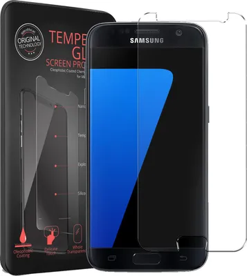 A Samsung Galaxy S7 phone with a screen protector applied, next to its packaging.