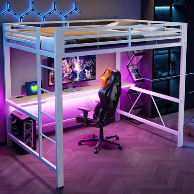 Immagine prodotto di Letto a soppalco multifunzionale per videogiochi, 140x200 cm, in metallo, con illuminazione LED, prese USB e scrivania (bianco)