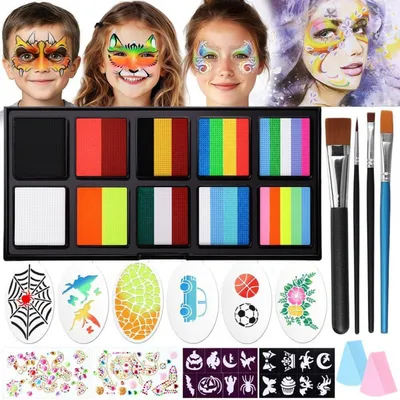 Produktbild von Kinderschminke Set Wasserbasis Regenbogenfarben 12 Farben mit Pinseln & Vorlagen