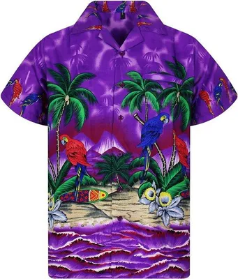 Produktbild von Hawaii-Hemd für Herren, Größe S, Kurzarm, mit Papageienmuster in Violett, stilvoll für den Strand