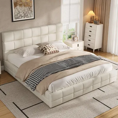 Image de Lit rembourré 180 x 200 cm, velours beige, lit double avec tête de lit et sommier à lattes, silencieux
