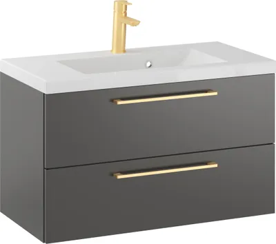 Produktbild von Rosen 80 cm Badezimmerschrank mit Waschbecken und Gold gebürstetes Griffen - Zeitloses Design für Elegantes Bad