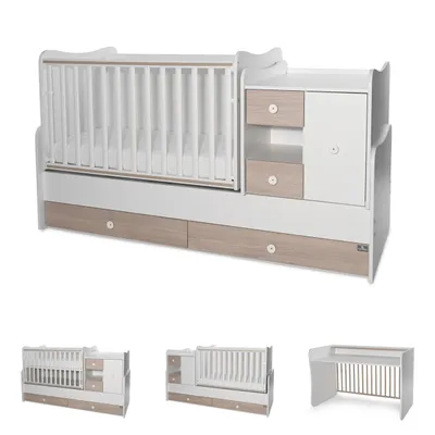 Produktbild von Lorelli Babybett, Jugendbett 3 in 1 Mini Max umbaubar, für 2 Kinder gleichzeitig hellbraun weiß