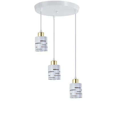 A white, three-light pendant lamp with cylindrical shades, each featuring a modern gray stripe pattern, hanging from a round white ceiling plate.