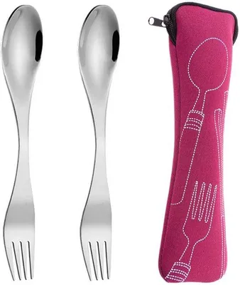 Productafbeelding van Kookaccessoire-set 2-in-1 - Vorken/lepels - Draagtas - RVS - 19 cm - voor kamperen/picknick