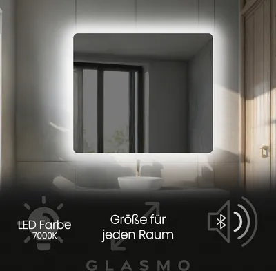 Produktbild von Wandspiegel mit Beleuchtung 80x60 cm Faye - Horizontal Abgerundet Badspiegel mit LED Beleuchtung - Kaltweiß 7000K - Badezimmerspiegel Lichtspiegel mit Bluetooth-Lautsprecher