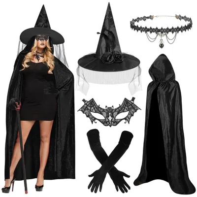 Immagine prodotto di Costume da strega con cappuccio, cappello, maschera in pizzo, guanti, costume per Halloween