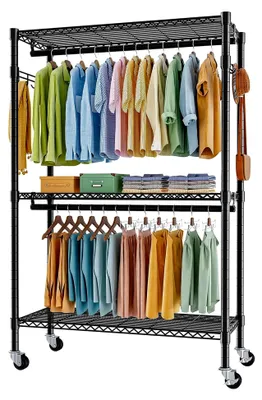 Produktbild von Kleiderständer mit Rollen, Kleiderstange, Schwerlast-Kleiderständer aus Metall, Garderobenständer mit 3 Kleiderstangen und Ablage, Haken (Schwarz, 45 D x 120 B x 205 H)
