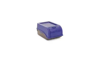 A blue and gray storage container for onions and garlic is shown against a white background.