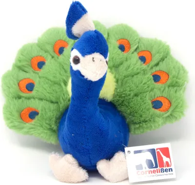 A plush toy peacock is shown sitting against a white background.