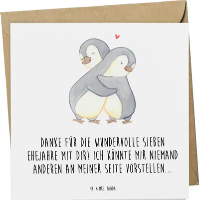 Produktbild von Mr. & Mrs. Panda Grußkarte 7. Hochzeitstag Kupferhochzeit - Weiß - Geschenk, faltkarte, Klappkarte, anlasskarte, Geschenke, Verbindung, Dankbarkeit, doppelkarte, Heiraten