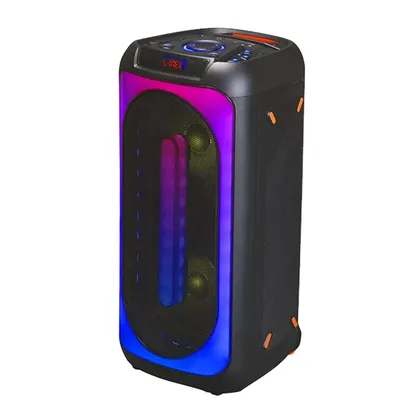 A black portable Bluetooth speaker with colorful LED lights.