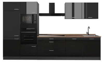 Produktbild von Küchenzeile Vicco R-Line Schwarz Hochglanz/Anthrazit 340 cm Arbeitsplatte Goldkraft Eiche, Model 66562