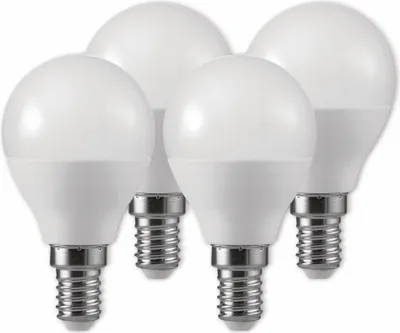 A group of four LED light bulbs on a white background.