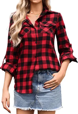 Productafbeelding van Geruite damesblouse van katoen met lange mouwen en button-down kraag