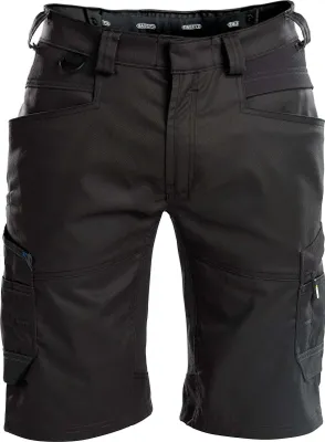 A front view of black work shorts against a white background.