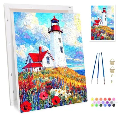 Image de Kit de peinture par numéros pour adultes, avec cadre, motif : phare et fleurs. Kit comprenant une toile de 20x30 cm et un chevalet