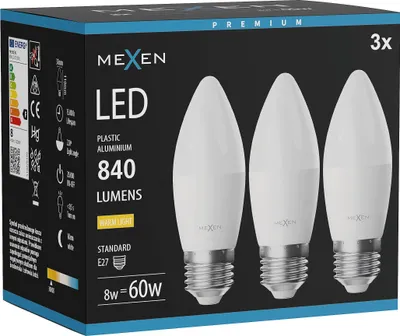Obrázek produktu pro Mexen Nova 3x LED žárovka E27, C37, 8W, Teplá - 3000K, 840 lm - L102-E27-0830-01x03