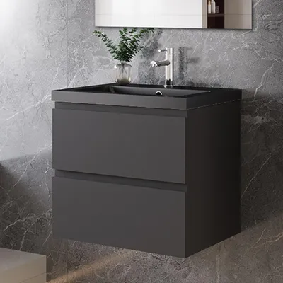 Produktbild von 60 cm Badmöbel-Set Unterschrank mit Schwarz Mineralguss waschtisch 2 Schubladen soft-close Anthrazit Matt Selbstmontierter