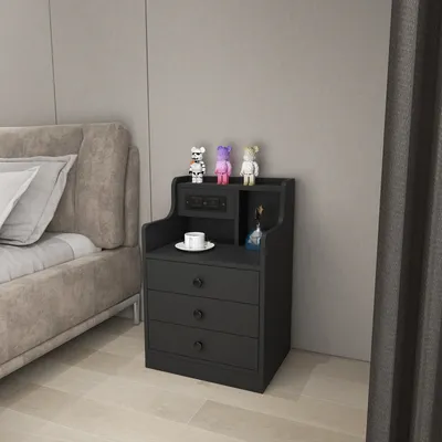 Produktbild von 2x Nachttisch mit Steckdose & USB, Nachttisch Nachtkommode mit 3 Schubladen,Schwarz Kommode Nachtschrank Tisch für Schlafzimmer 45x35x68cm