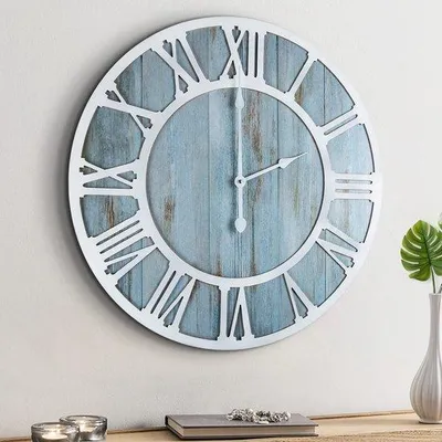 Obrázok produktu pre Moderné okrúhle drevené hodiny, modré, 40 cm, tiché