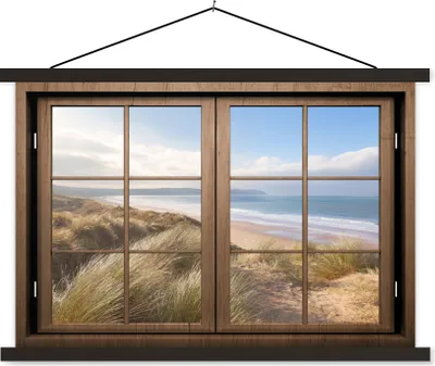 Produktbild von MuchoWow® Textilposter Durchblick - Strand - Holz 90x60 cm mit schwarzem Rahmen - Aufhängungssatz