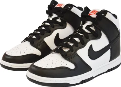 A pair of Nike Dunk High sneakers in black and white.