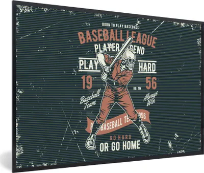 Produktbild von MuchoWow® MuchoWow® Gerahmtes Poster Jahrgang - Skelett - Baseball 90x60 cm - Poster mit zchwarzem Bilderrahmen - Fotorahmen - Foto-Plakat